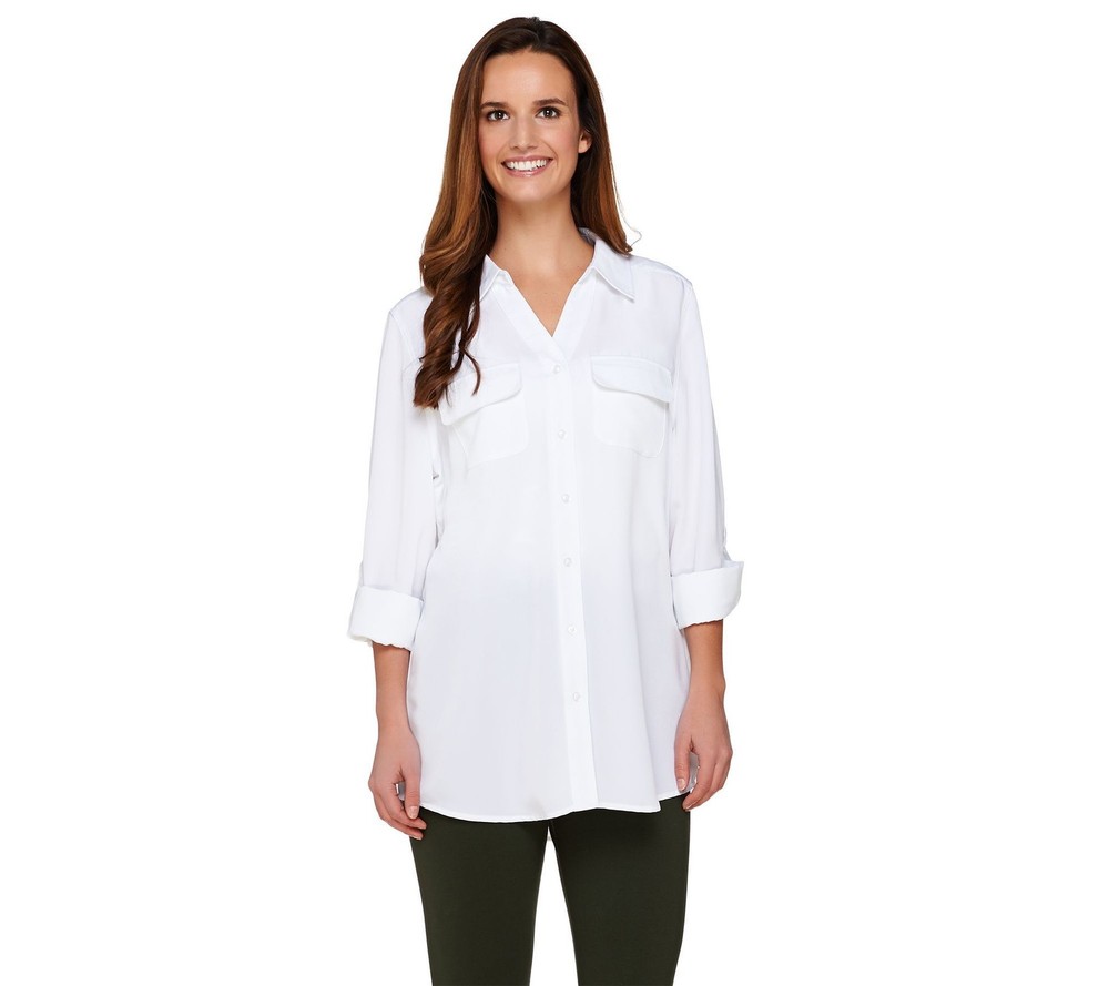 Denim & Co. Women's Top Sz XS Roll Tab Sleeve Button Front Soft White A227885