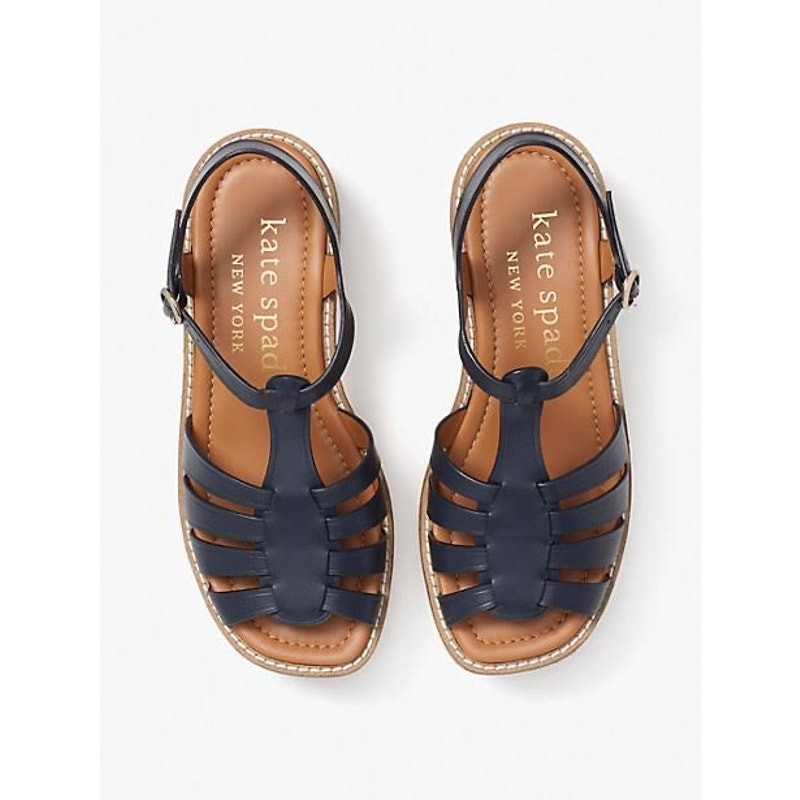 Kate Spade retro Mabel Platform Wedge Sandals Navy Blue leather  Peep Toe Sz 8.5