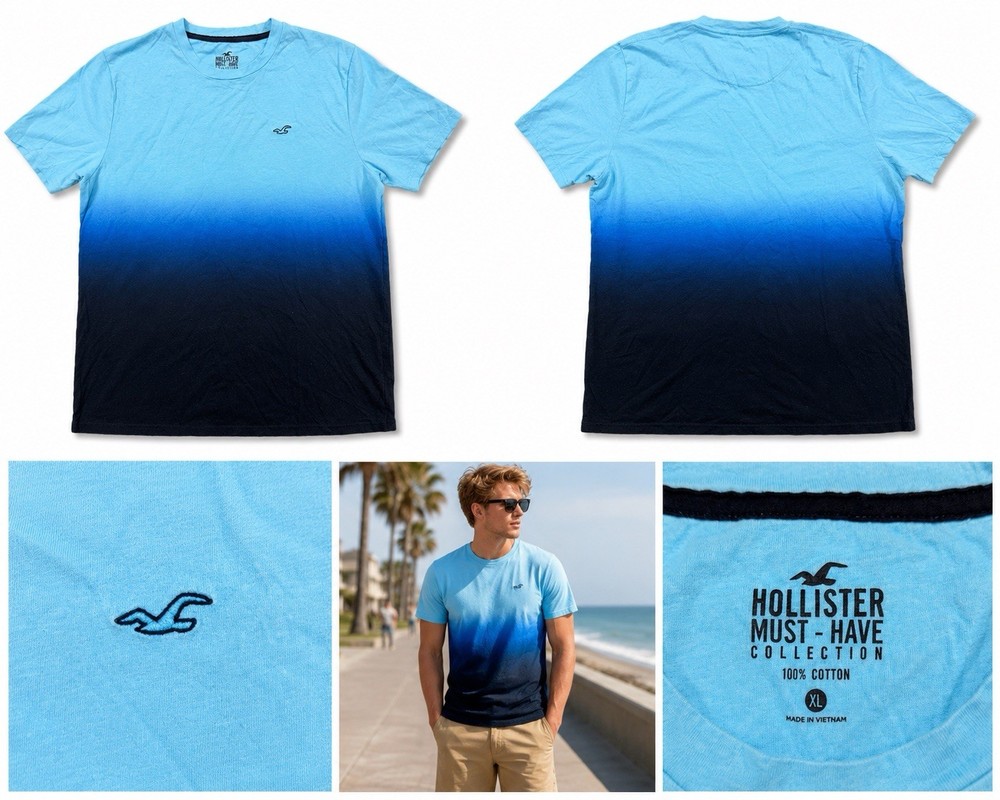 Hollister XL Blue Ombre T Shirt Gradient Fade Logo Short Sleeve Crew Neck Cotton
