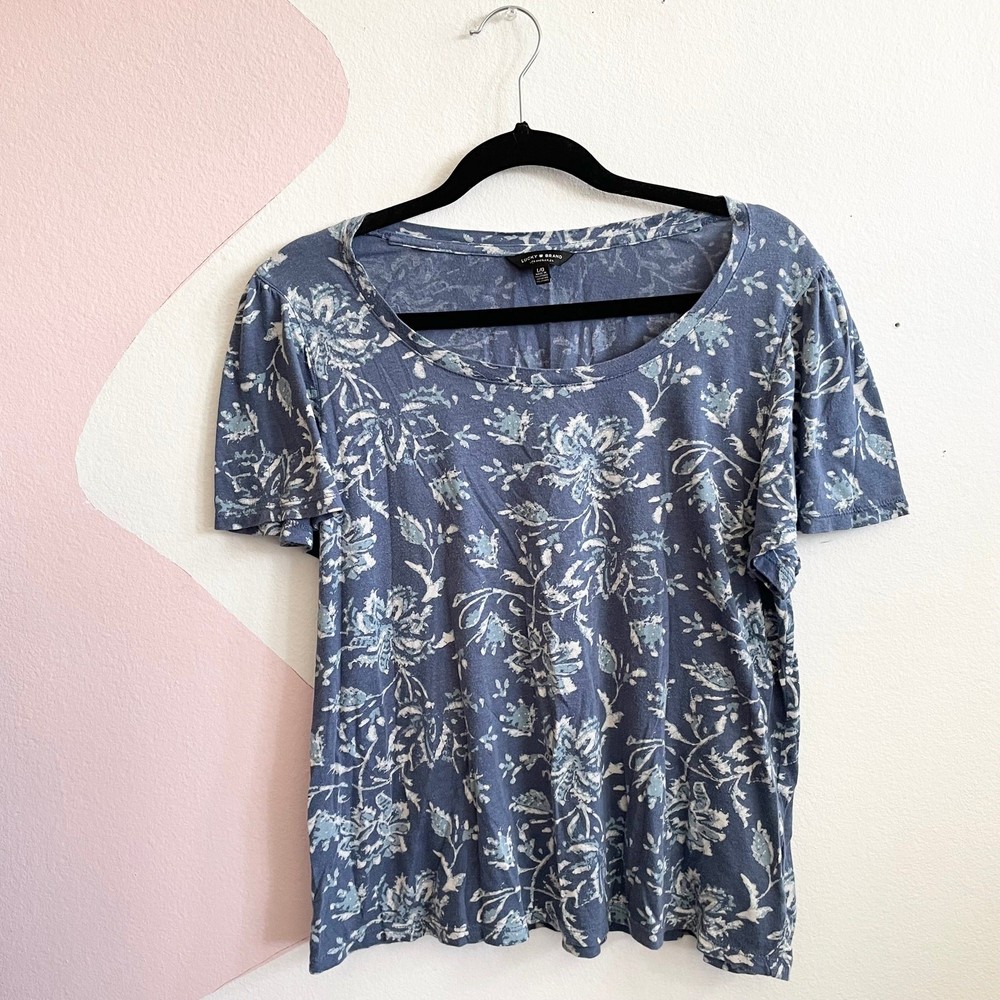 Lucky Brand Women Top Large Blue Floral Shirt Boho Short Sleeve Pullover Stretch