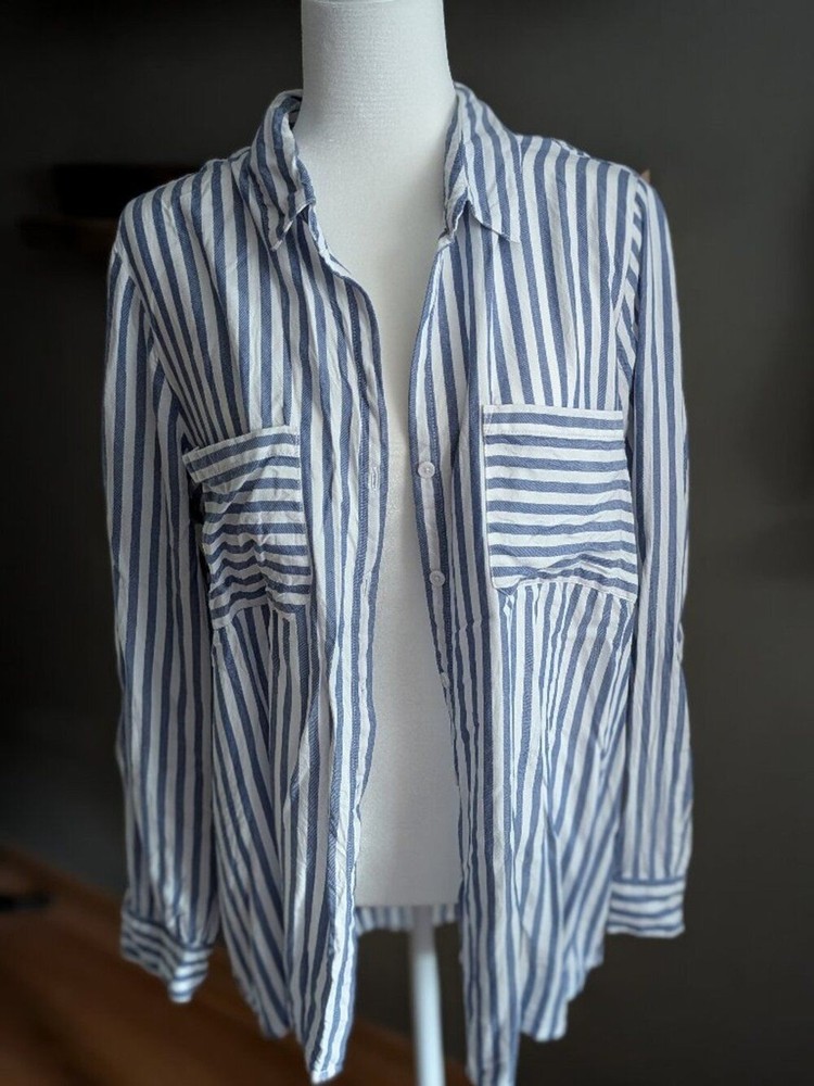 BeachLunchLounge Coastal Blue and White Striped Button Down Swim Cover Shirt XL