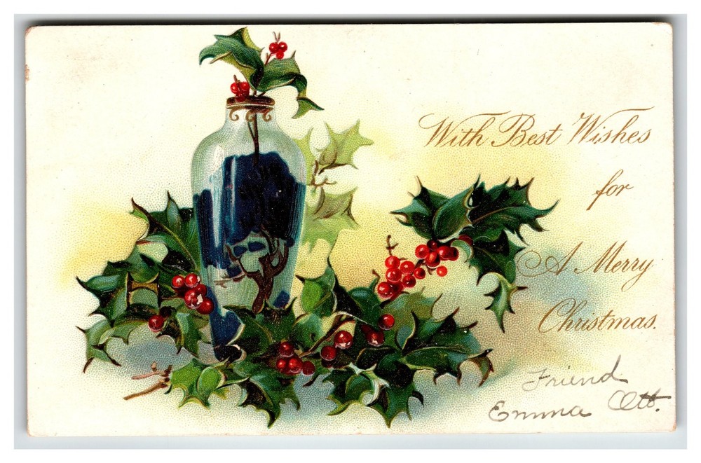 Vintage Raphael Tuck Christmas Postcard with Holly & Vase Embossed Design