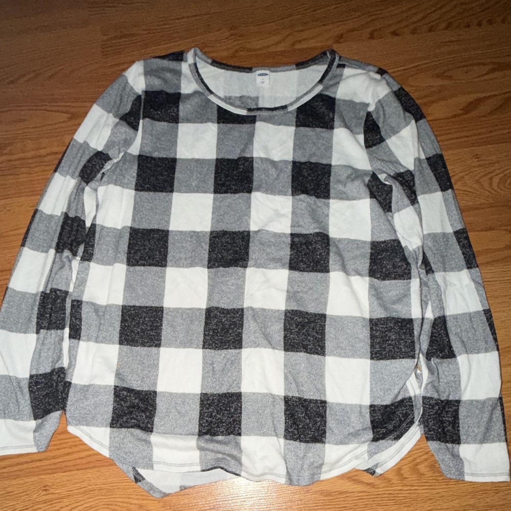 Women's Black White Check Jersey Knit Pullover Sweater L Crew Neck Long Sleeve