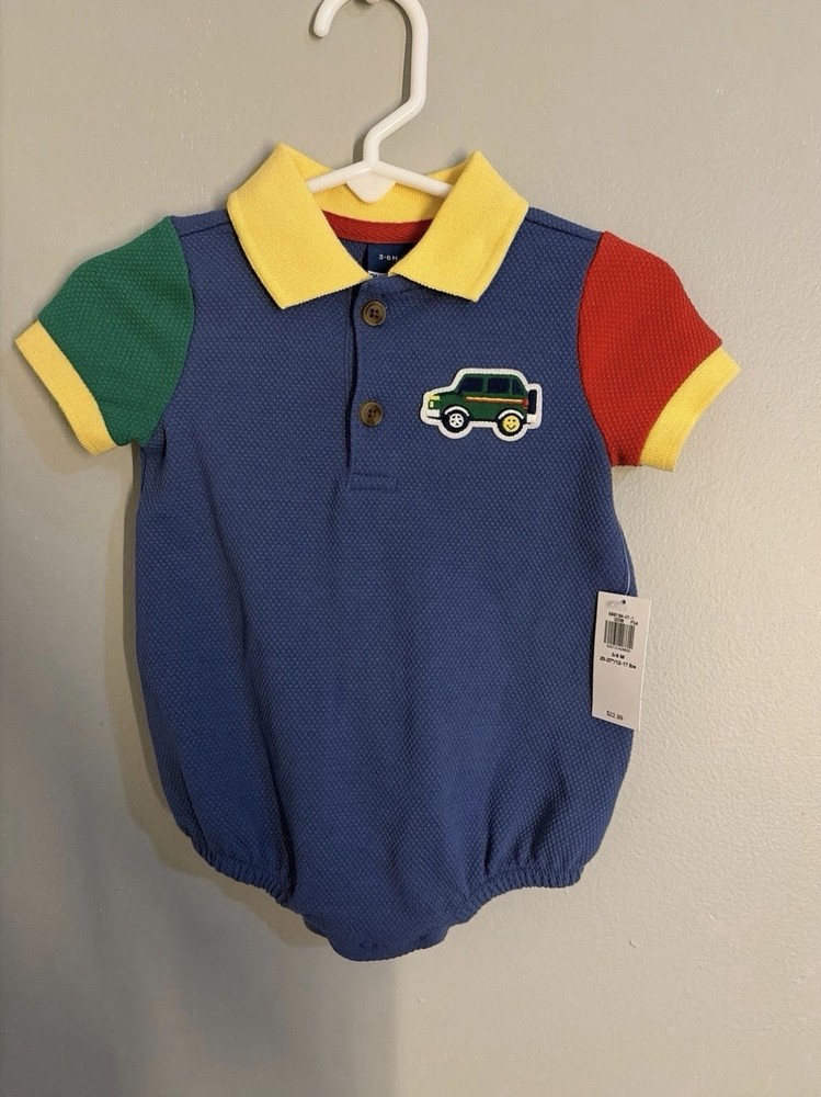 NWT Old Navy Car Applique Colorblock Bubble Romper 1PC 3-6 months Baby Boy