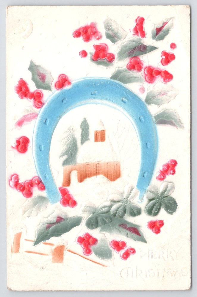 Holiday~Holly & Home Portrait In Horseshoe Christmas Greeting~Vintage Postcard