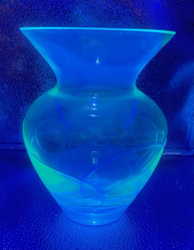 Vintage Green Cut Clear Swirl Glass Vase/Uranium Flash Painted/Glows 6.5