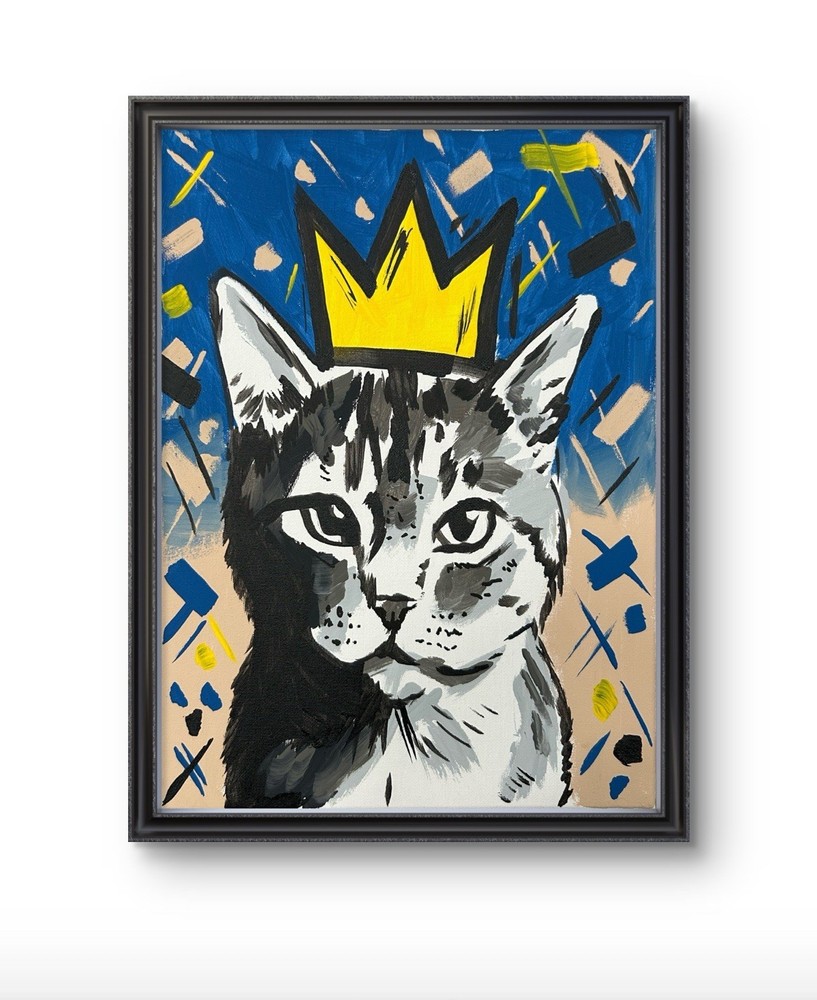 Original Abstract Crown Cat Painting 14x11 canvas Modern Wall Art Home Decor New