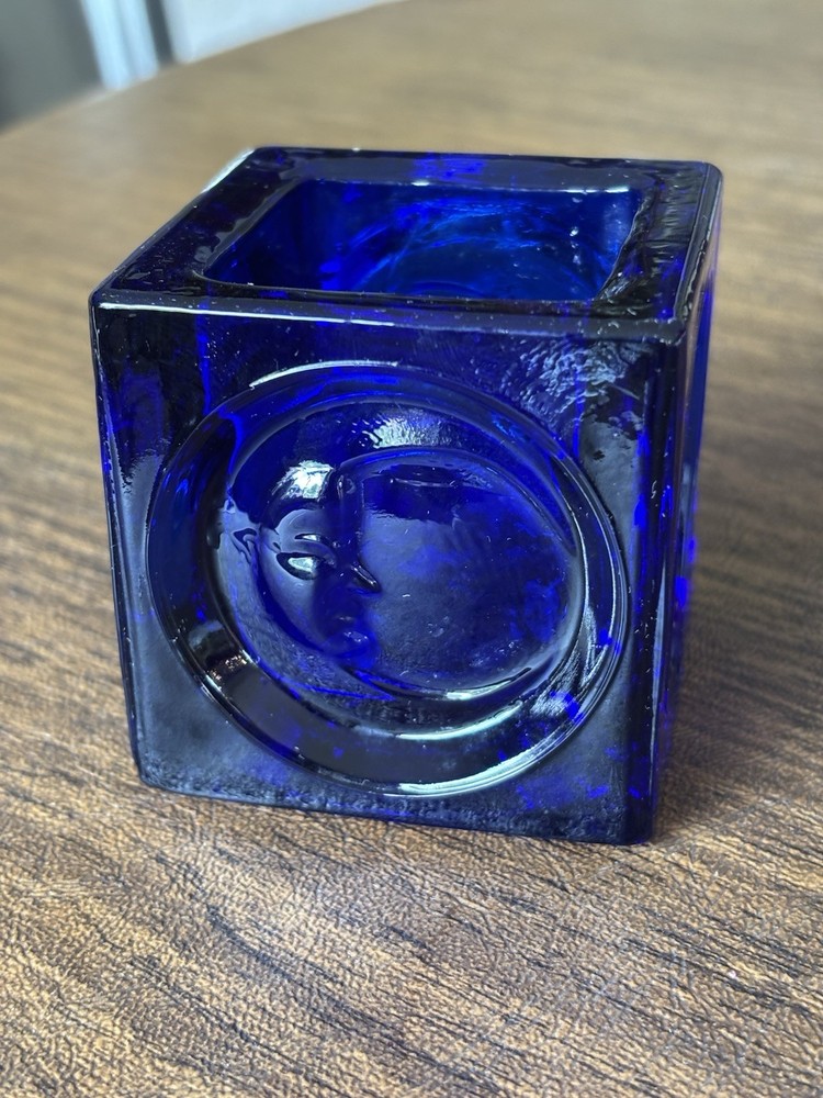 Vintage Dazell Viking Art Glass blue moon  votive candle holder in cobalt blue.