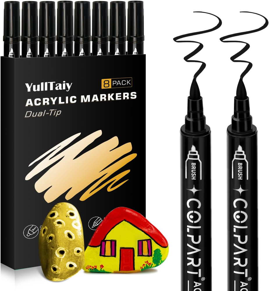 Dual Tip Acrylic Paint Pens Markers, 8 Pack Black Paint Pens for Wood, Canvas, S