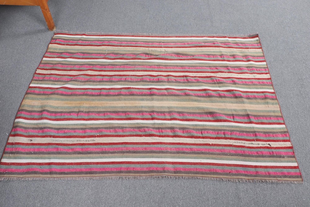 Vintage Kilim Rug 4,9x3,4 ft, Red Pink Ikat Wool Turkish Rug