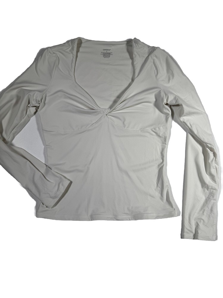 QINSEN Womens Long Sleeve Twist Front V Neck T Shirts Double Lined Slim Sz M