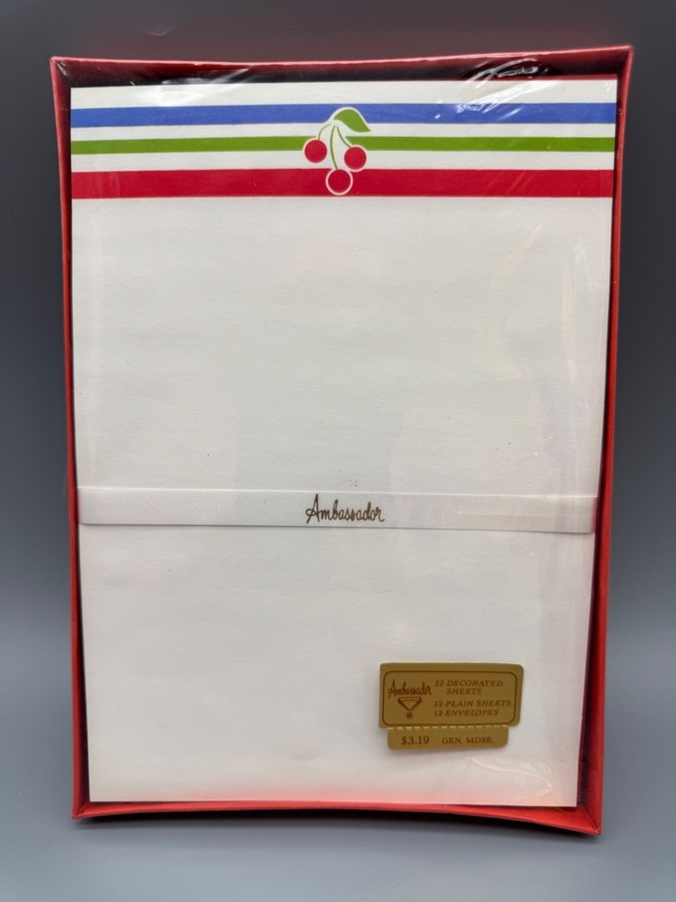 Vintage Ambassador Stationery Set Cherry Stripes Paper Envelopes Sealed