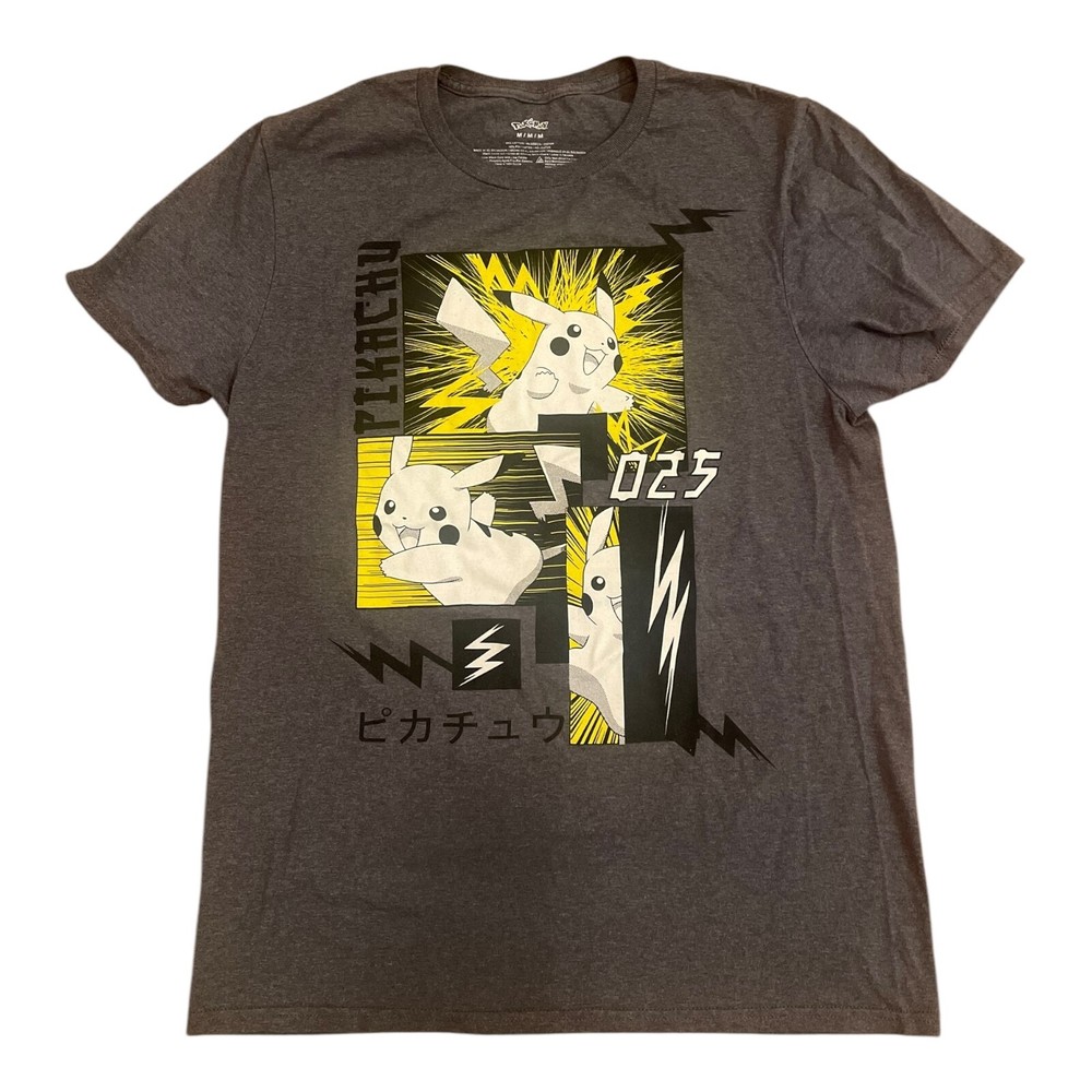 Pokemon Pikachu Gray Graphic T-Shirt for Men Size Medium Featuring Action Panel Design