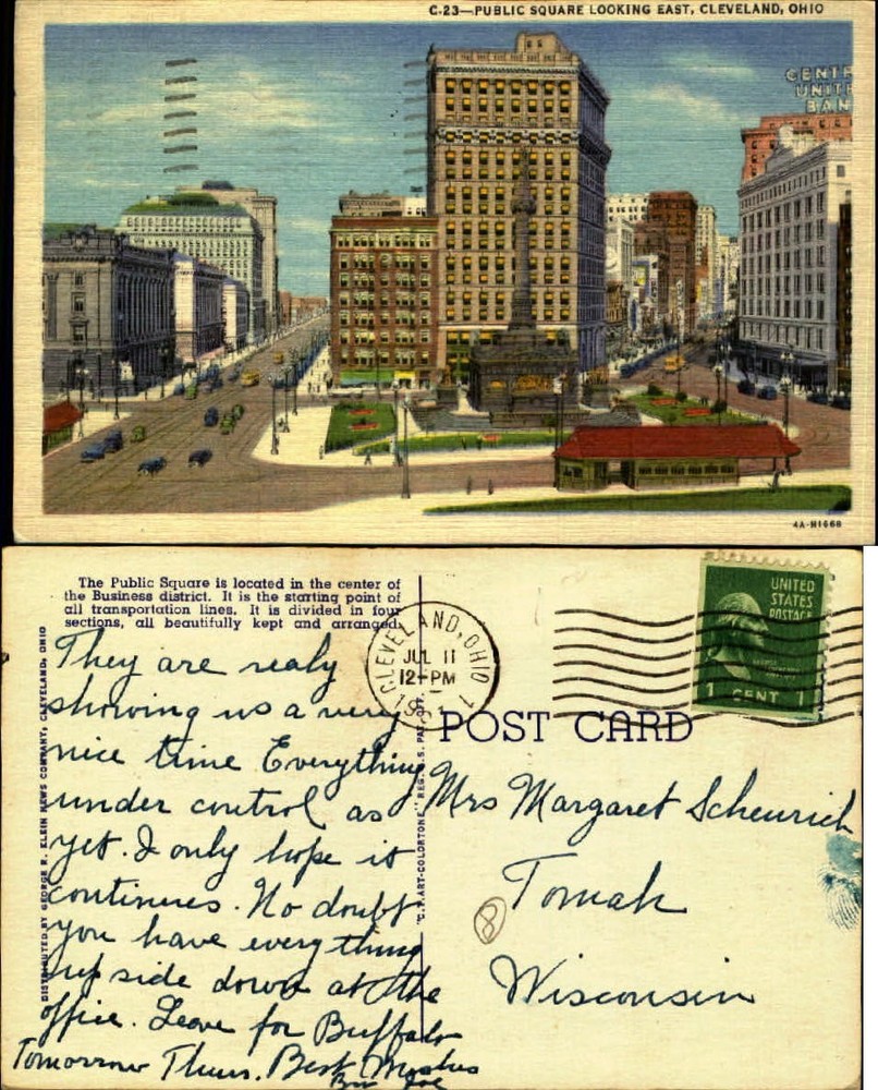 Public Square looking east Cleveland Ohio OH trolley 1950s vintage postcard