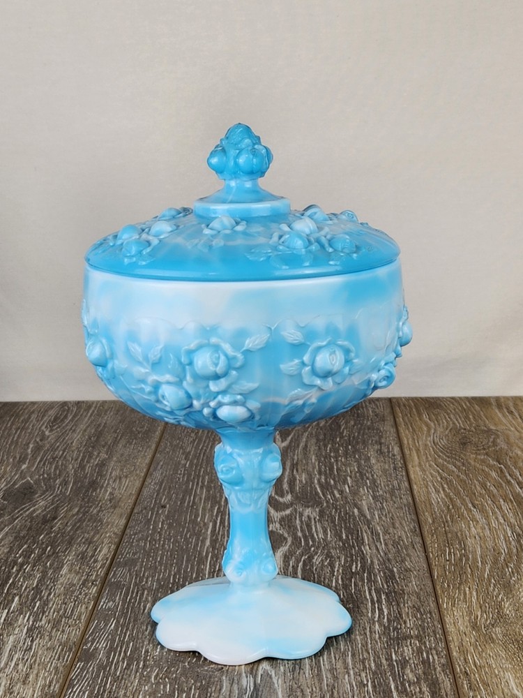 Fenton Blue Marble Slag Glass Cabbage Rose Compote Lidded Candy Dish - READ