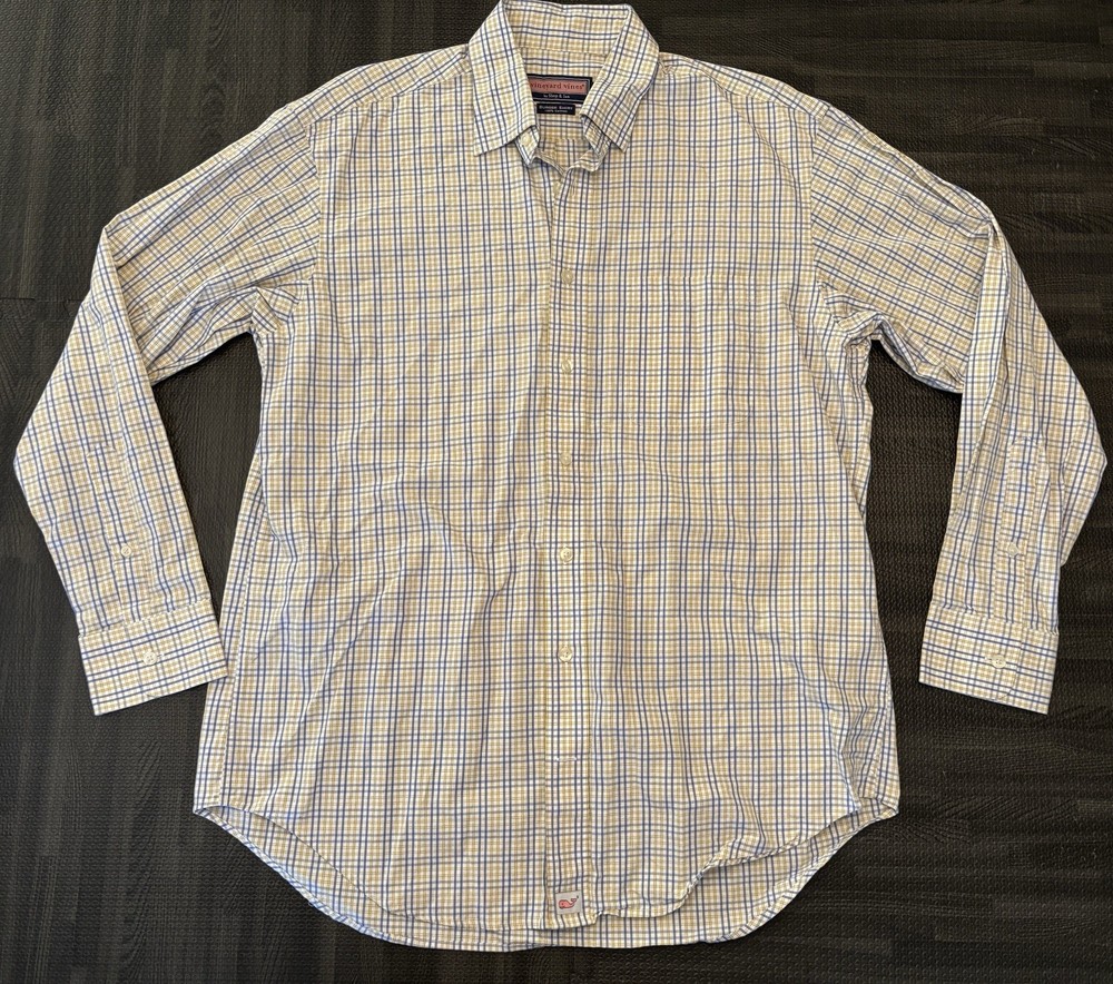 Vineyard Vines Burgee Shirt Men L Blue Yellow Gingham Plaid Classic Button Down