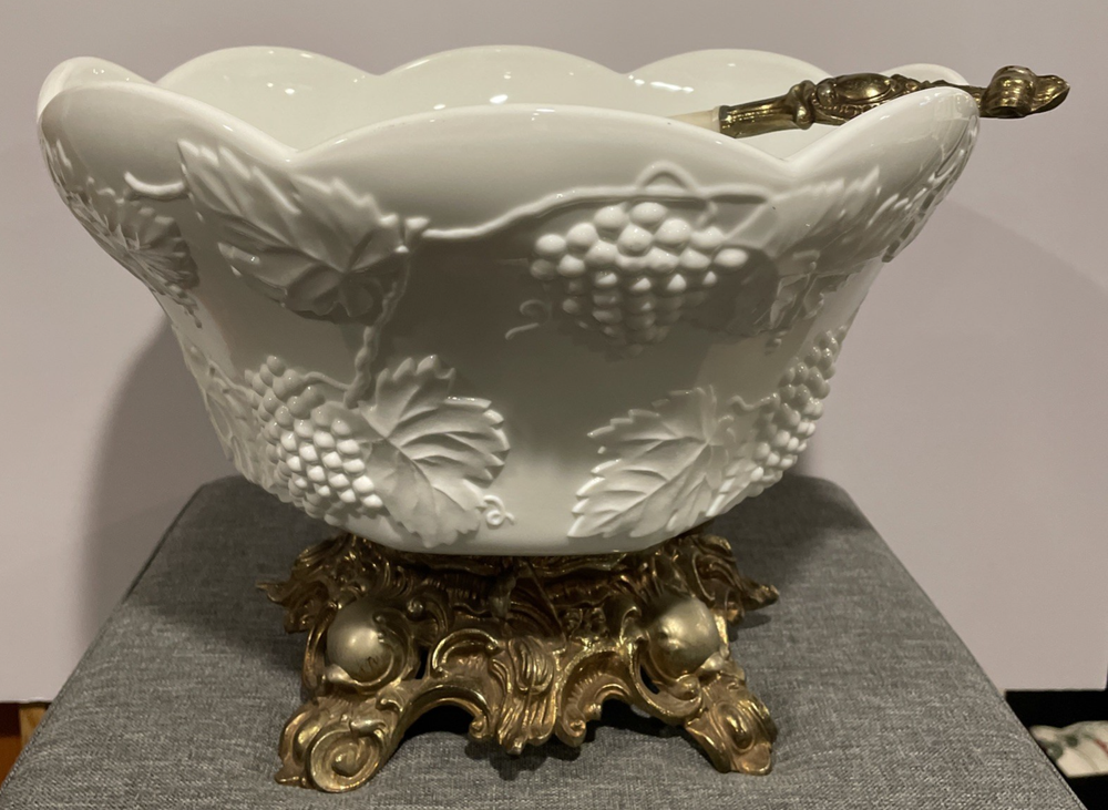 Vintage Lancaster Colony Milk Glass Grape Punch Bowl Set with Stand & Ladle