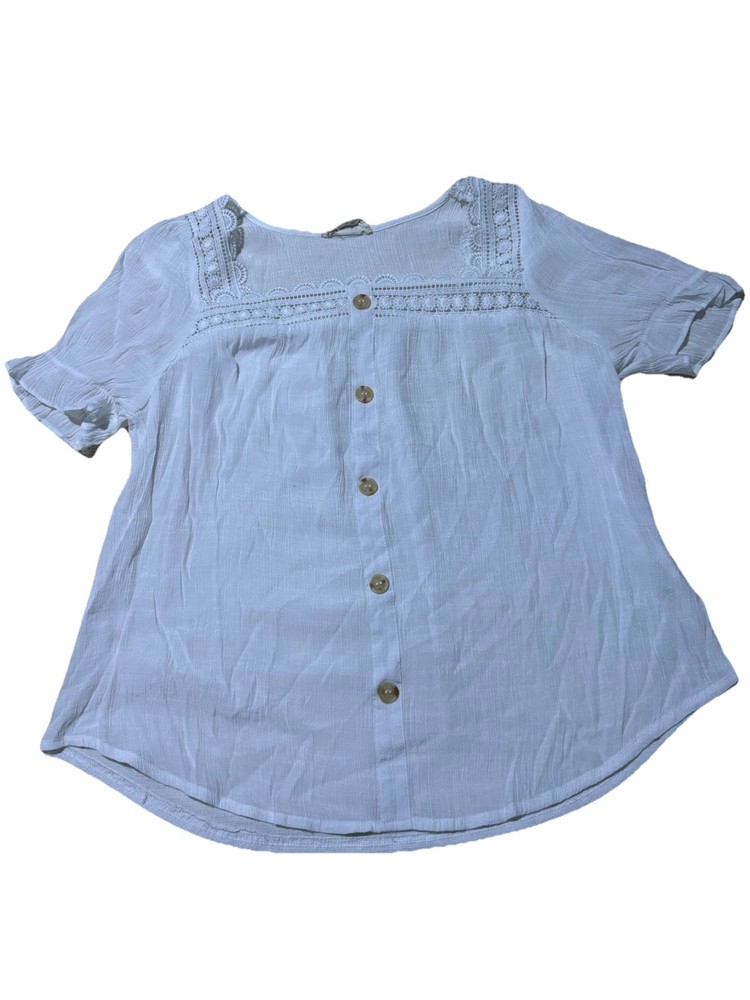 Flower & Feather Blouse Women's L White Boho Peasant Top Lace Button Front