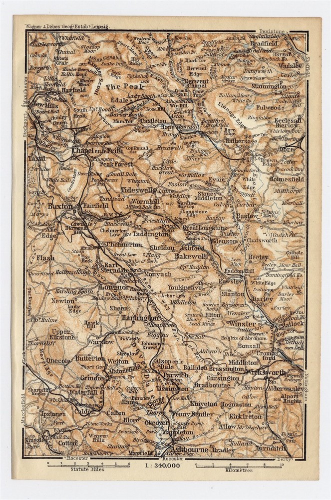 1910 Original Antique Map Vicinity Of Buxton Peak District National Park England
