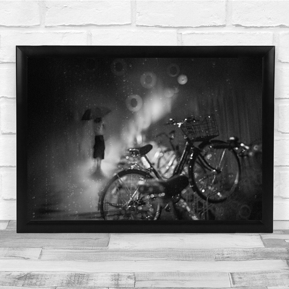 Woman Umbrella Rain bikes Street Night Black & White Wall Art Print
