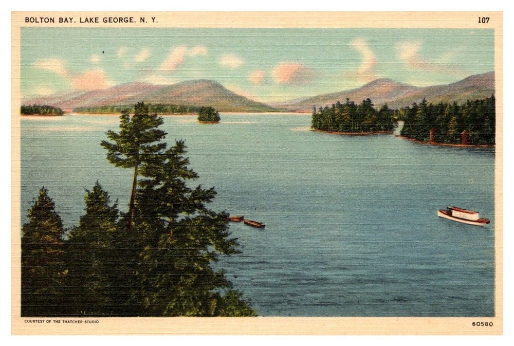 1940s High View of Boats in Bolton Bay Lake George New York Vintage Postcard