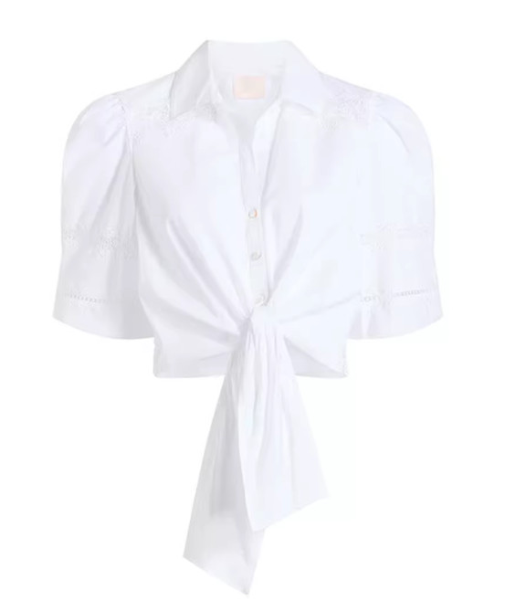 Women Cinq A Sept Collared Lace Short Blouse Top White Size S
