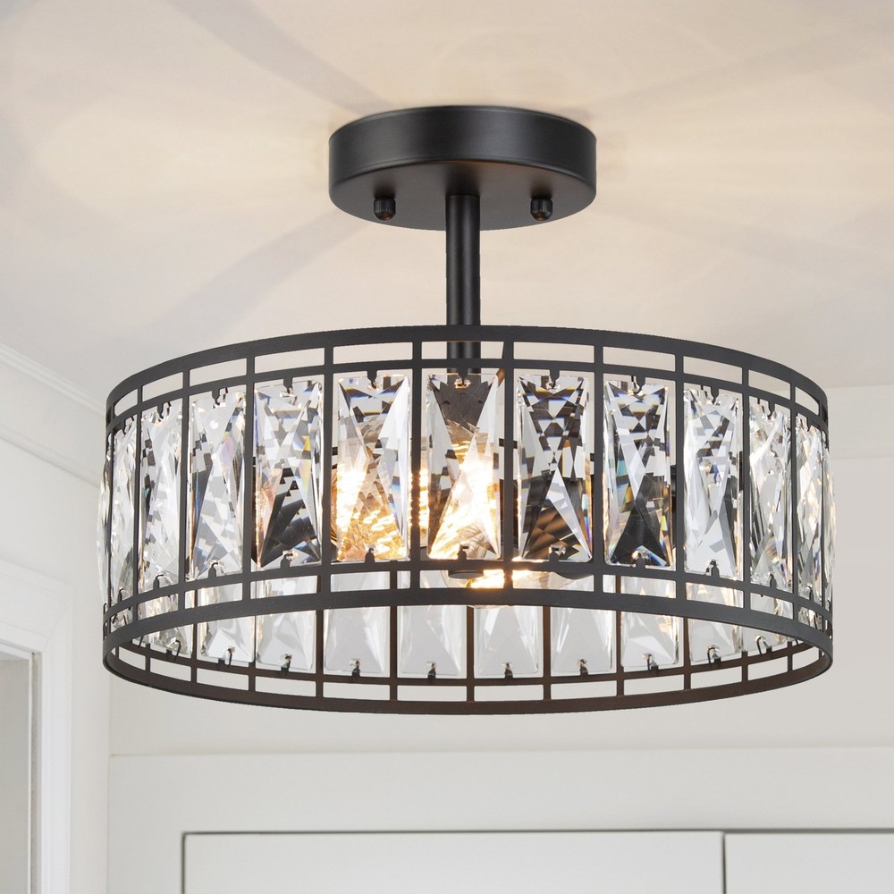 Modern Glam Black Crystal Drum Semi-Flush Mount Light 12.5x9.5 Inches