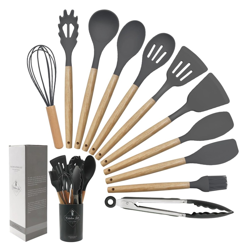 Kitchen Utensils Set of 12, Silicone Cooking Utensils with Non-Slip Wooden Ha...