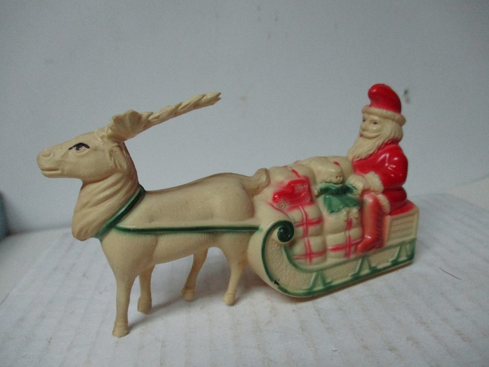 Vintage Celluloid Christmas Santa Claus w Toys in Sleigh w Reindeer