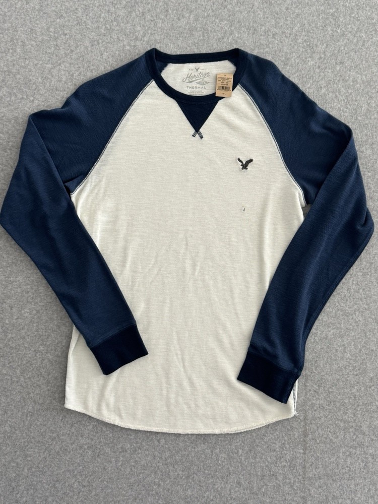 American Eagle Heritage Thermal White Blue Waffle Knit Shirt Men’s Large NWT
