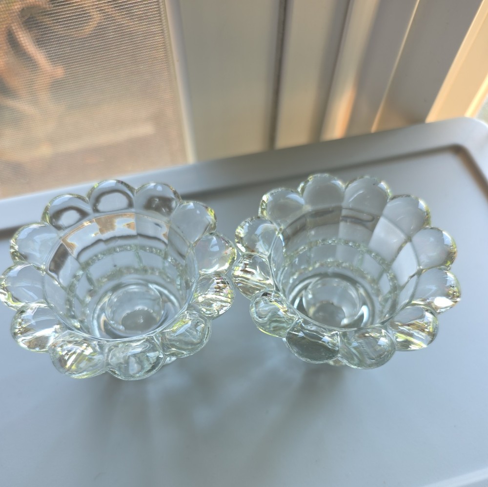 Vtg Flower Petal Clear Glass Taper Candlestick Holders Scalloped Edge Set Of 2