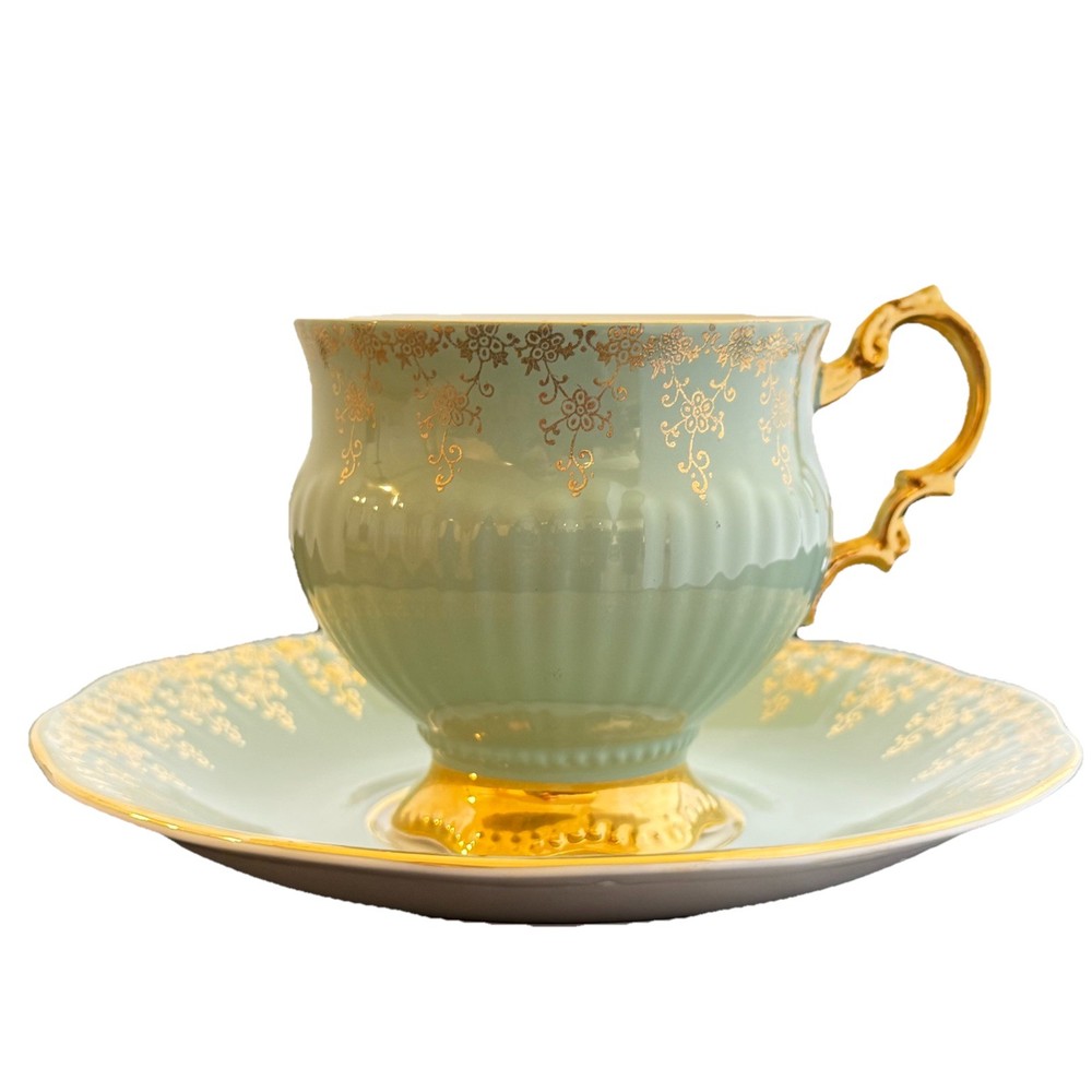 Vintage ROSINA Fine Bone China Footed Tea Cup & Saucer With Sage Green/Gold Trim
