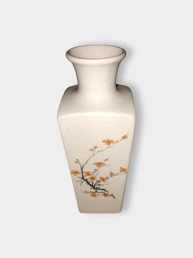 Handmade Pottery Crackle Glaze White Floral Cherry Blossom Japan Style Vase 11x4