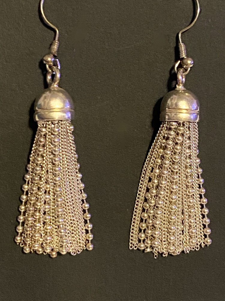 Sterling Silver 925 Beaded Chain Tassel Drop Hook Earrings