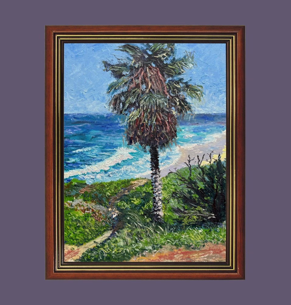 La Jolla Palm Tree 12x16 Original Oil Painting Coastal California Seascape Art
