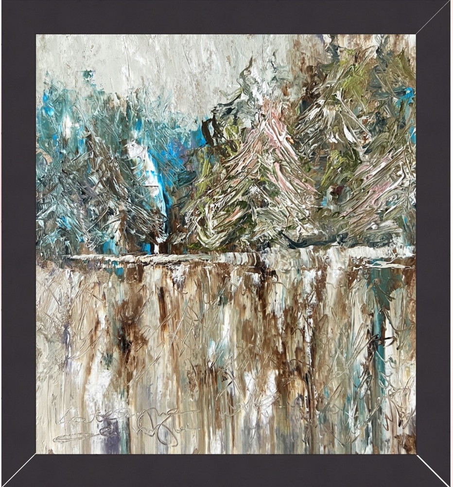 Original Framed Art Alaska Winter Landscape Oil Painting Abstract Lake Forest-image