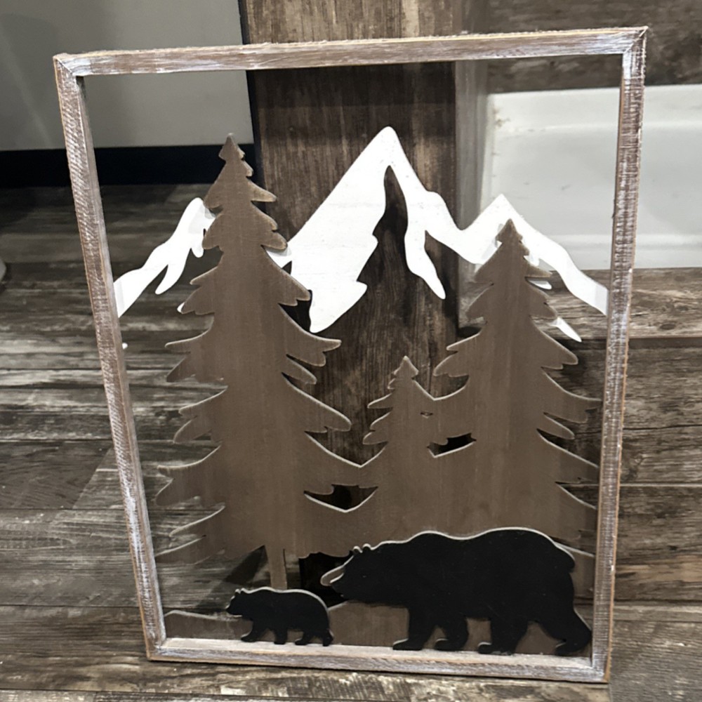 Rustic Mountain Forest Bear Sculpture, Wood & Metal Freestanding Tabletop Decor