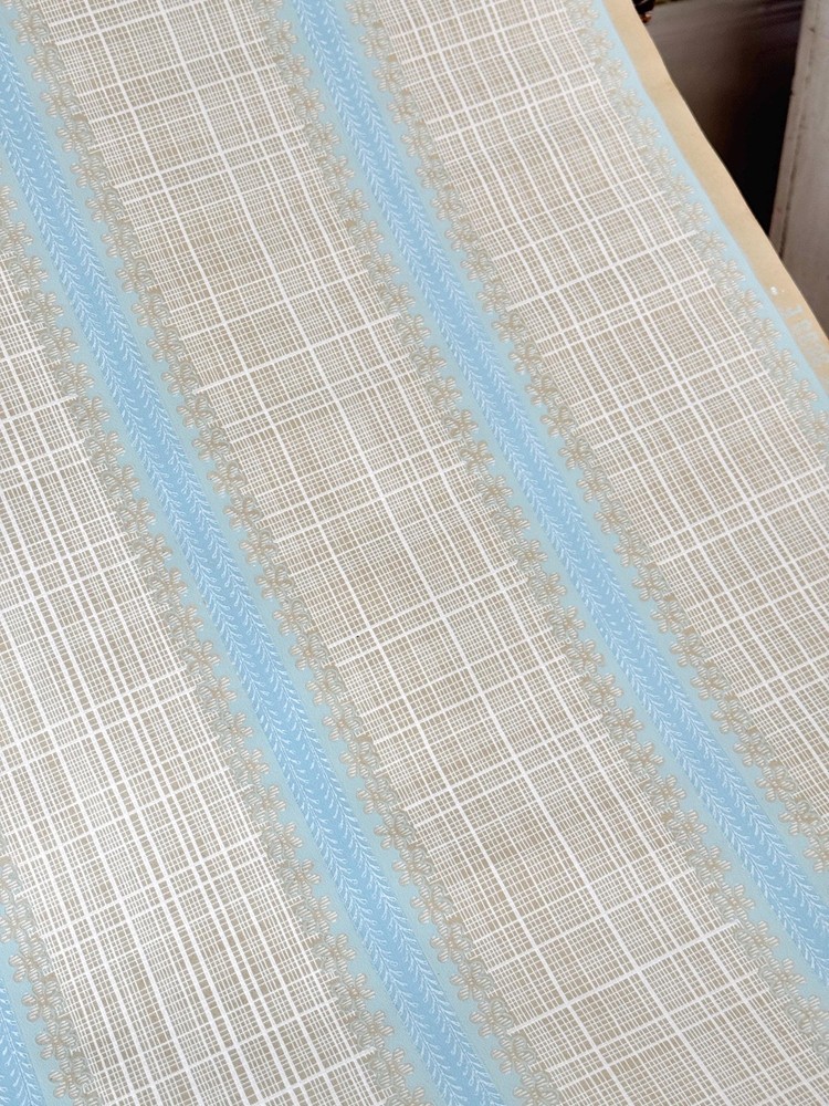 1. 27 yards Vintage French Wallpaper Dusty Blue Cream Grid Stripe Floral c1910