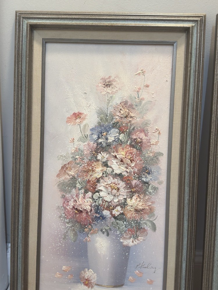 P. Keeling Original Signed Framed Floral Still Life Oil Painting on Canvas