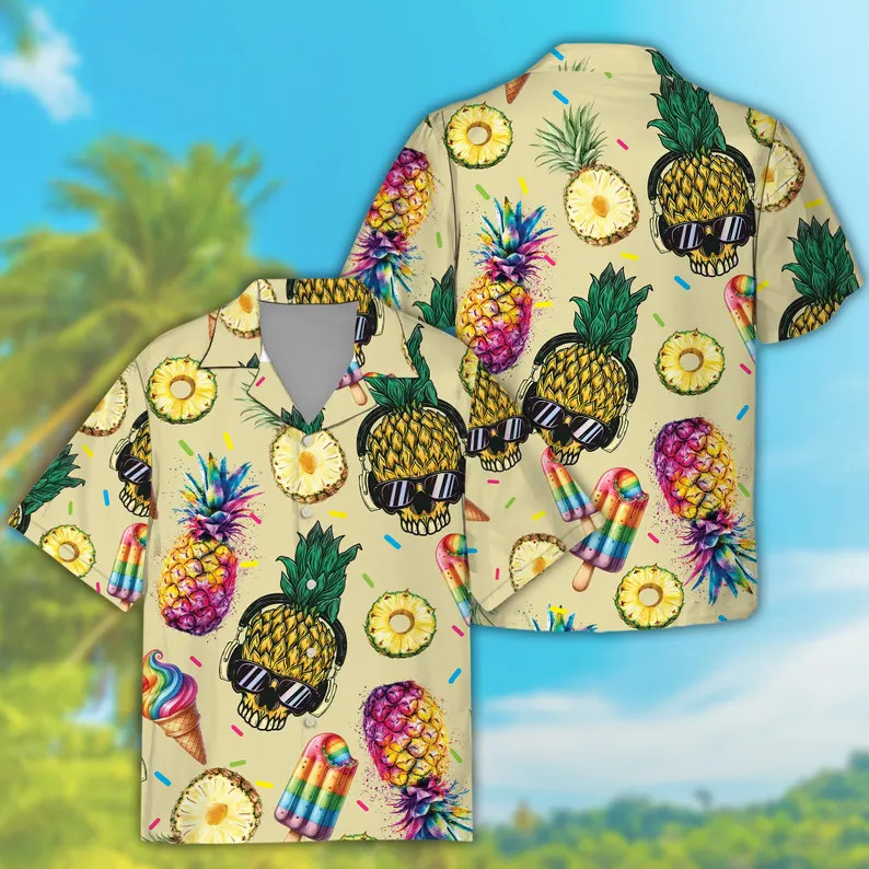 Skull Pineapple Sunglasses Hawaii Shirt Beach Aloha Summer Vacation Top