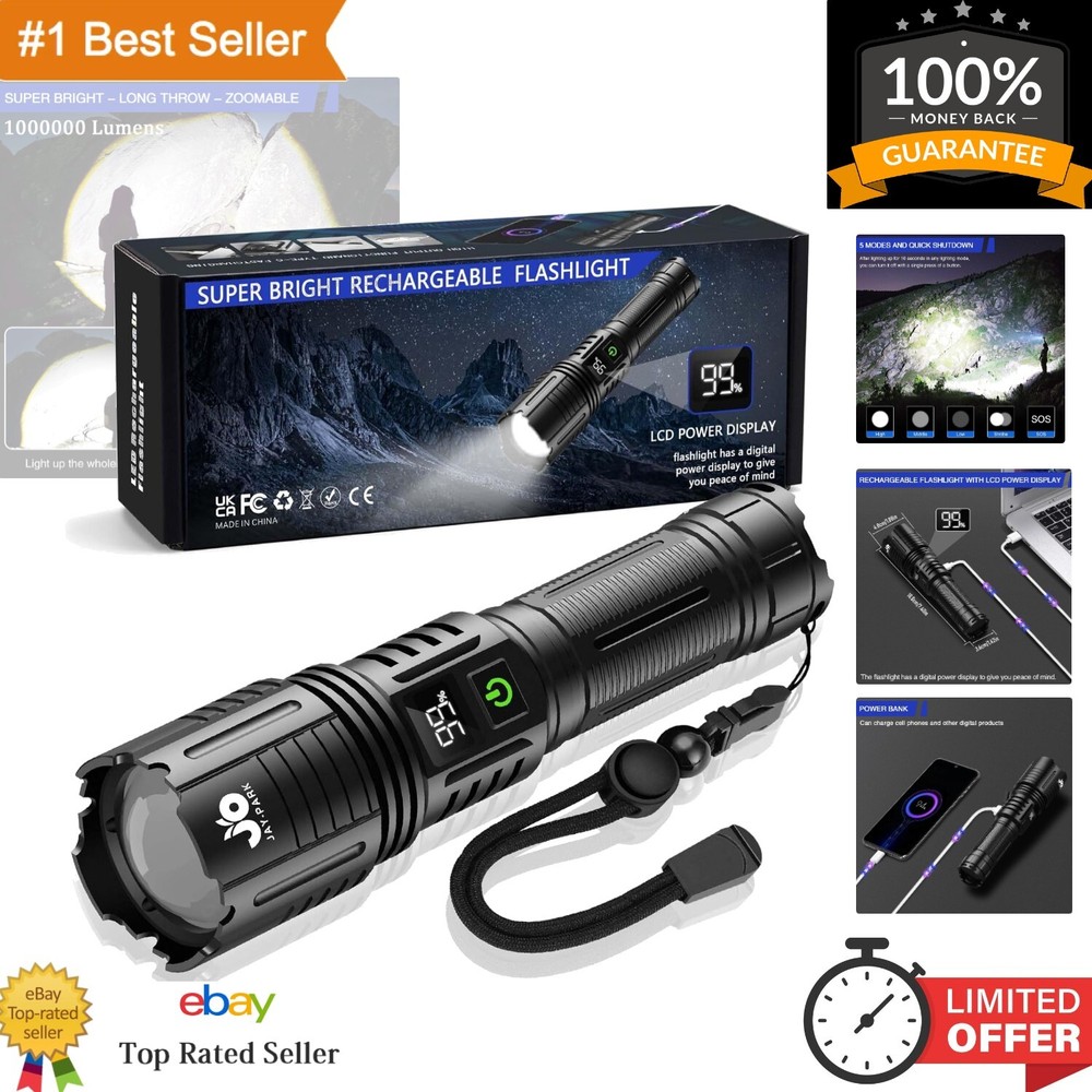1000000 Lumen Zoomable Rechargeable Flashlight with Digital Power Display