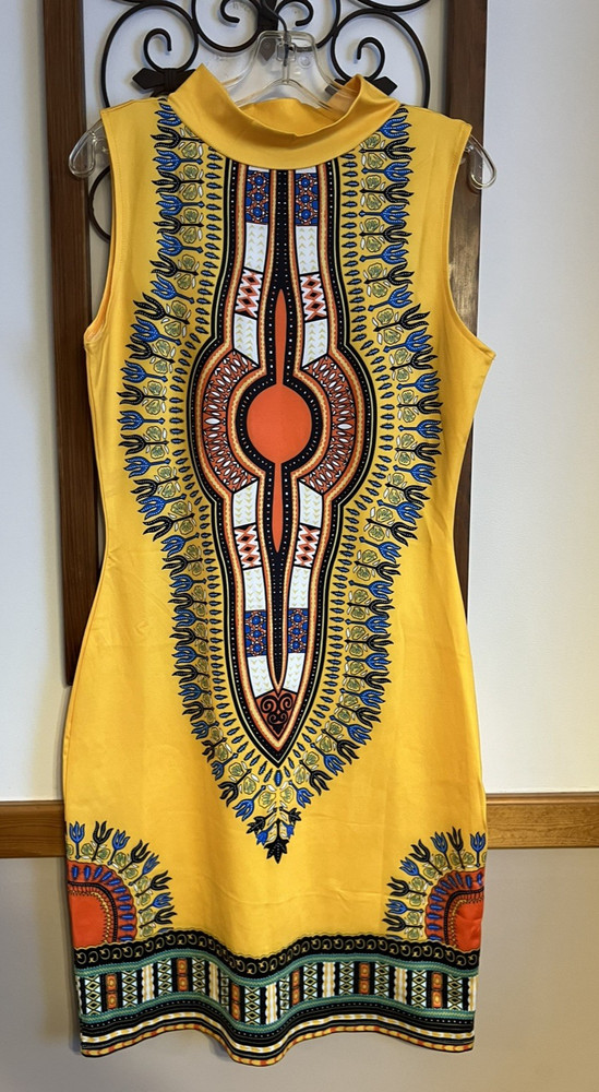 Dashiki Bodycon Dress African Print Sleeveless Yellow Bohemian Size L New