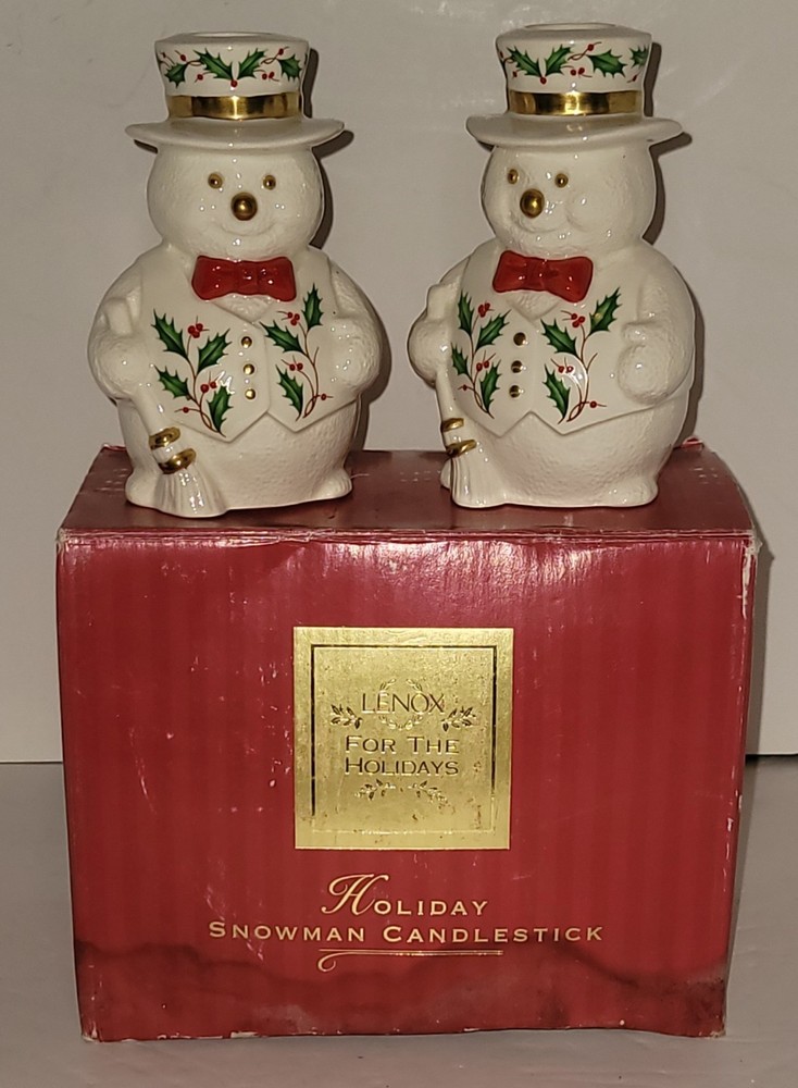 Lenox Snowman Candle/Taper Holders Pair Rough Box No Breaks Or Chips