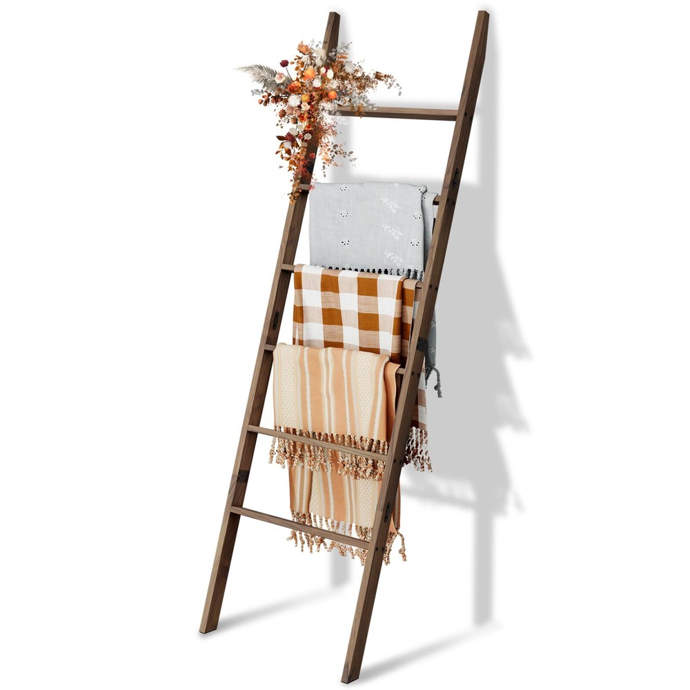 Acacia Wood Blanket Ladder, Rustic Towel Quilt Throw Clothes Blanket Ladders ...-image