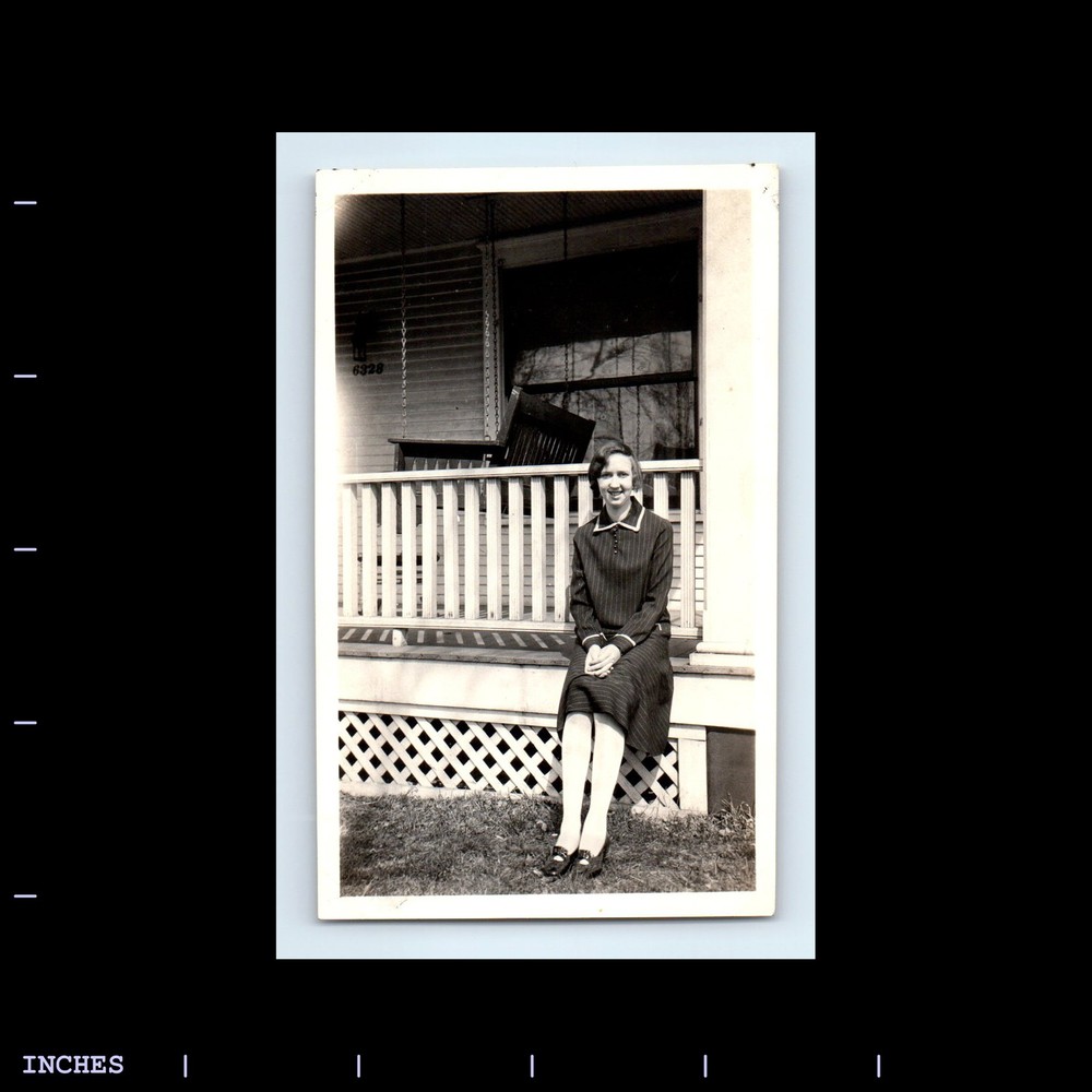 Vintage Photo LEGGY WOMAN SITTING OUTSIDE FRONT PORCH BENCH SWING
