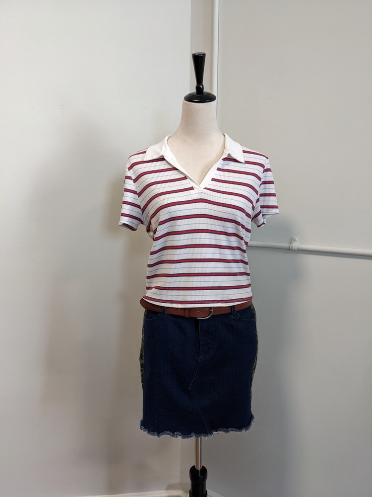 Arizona Striped Cropped Polo Shirt for Juniors - V Neck Rib Knit Stretch Y2K Fashion