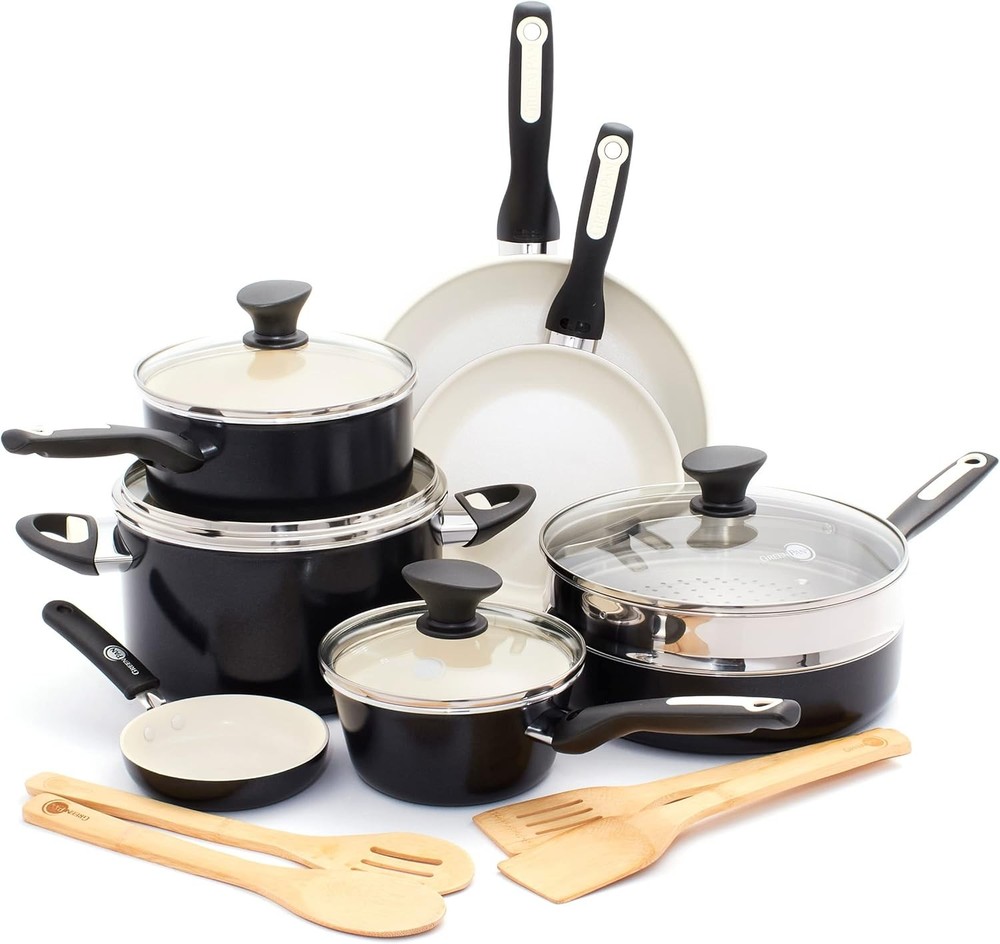 GreenPan Rio 16 Piece Cookware 16 Pots and Pans Set, Black