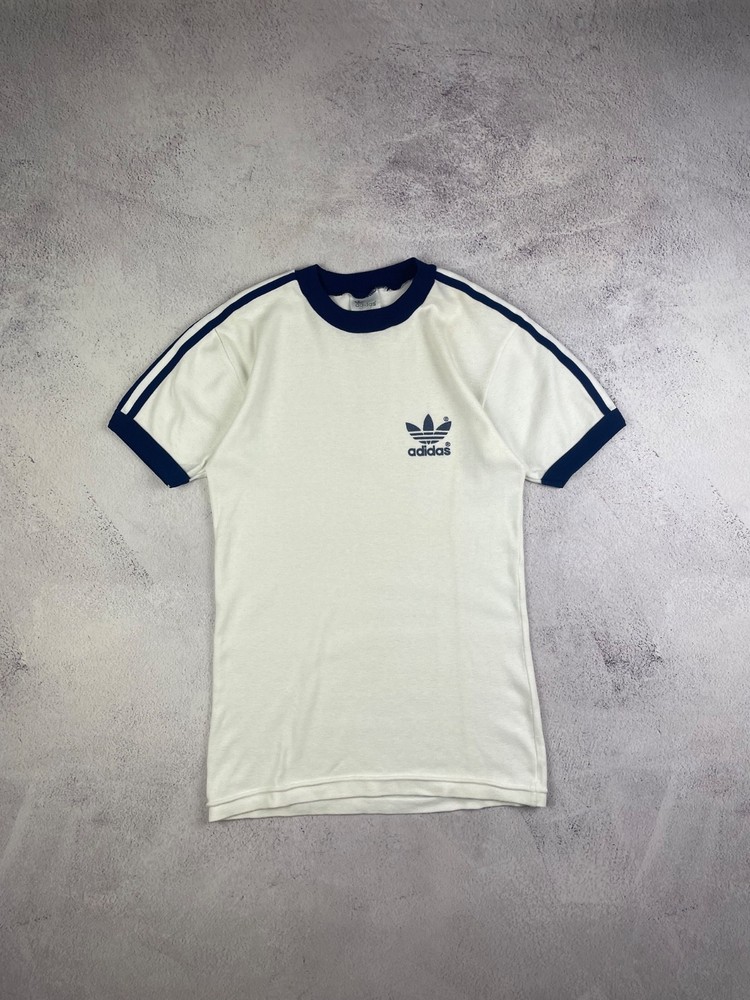 Vintage 70s 80s Adidas Trefoil Ringer Retro T Shirt White/ Blue Size S-M