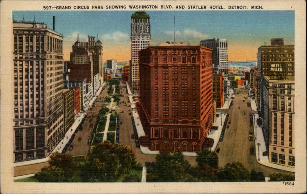 Michigan Detroit Grand Circus Park Statler Hotel aerial ~ 1930s linen  ~ s0183