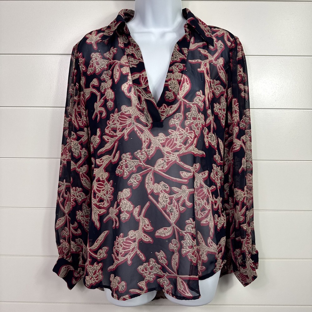 Women's ZARA Basic Sheer Blouse Shirt Long Sleeve Floral Print Navy Blue sz XS
